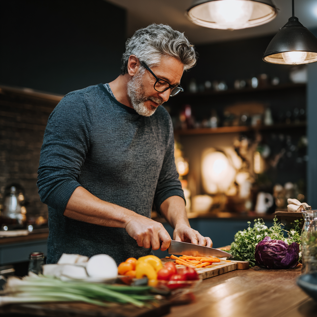 middle-aged person preparing healthy meal in modern kitchen