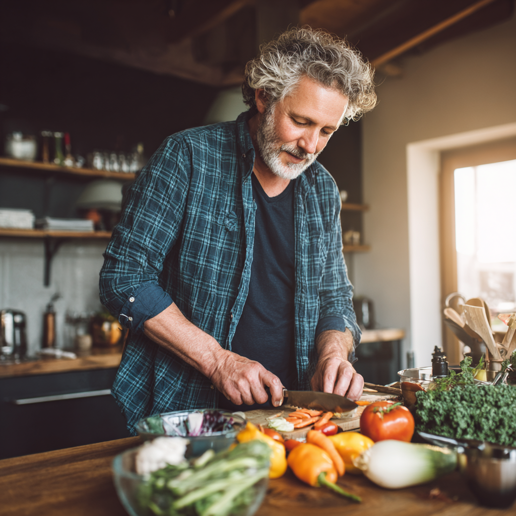 satisfied adult client preparing nutritious meal at home